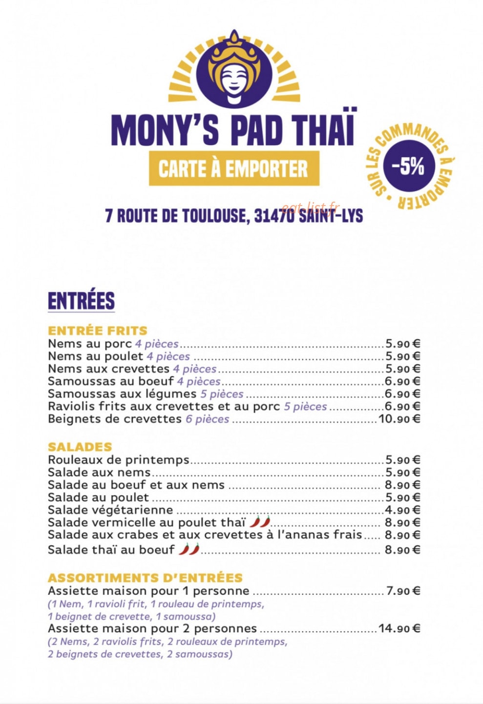 Mony’s Pad Thaï — carte page 1