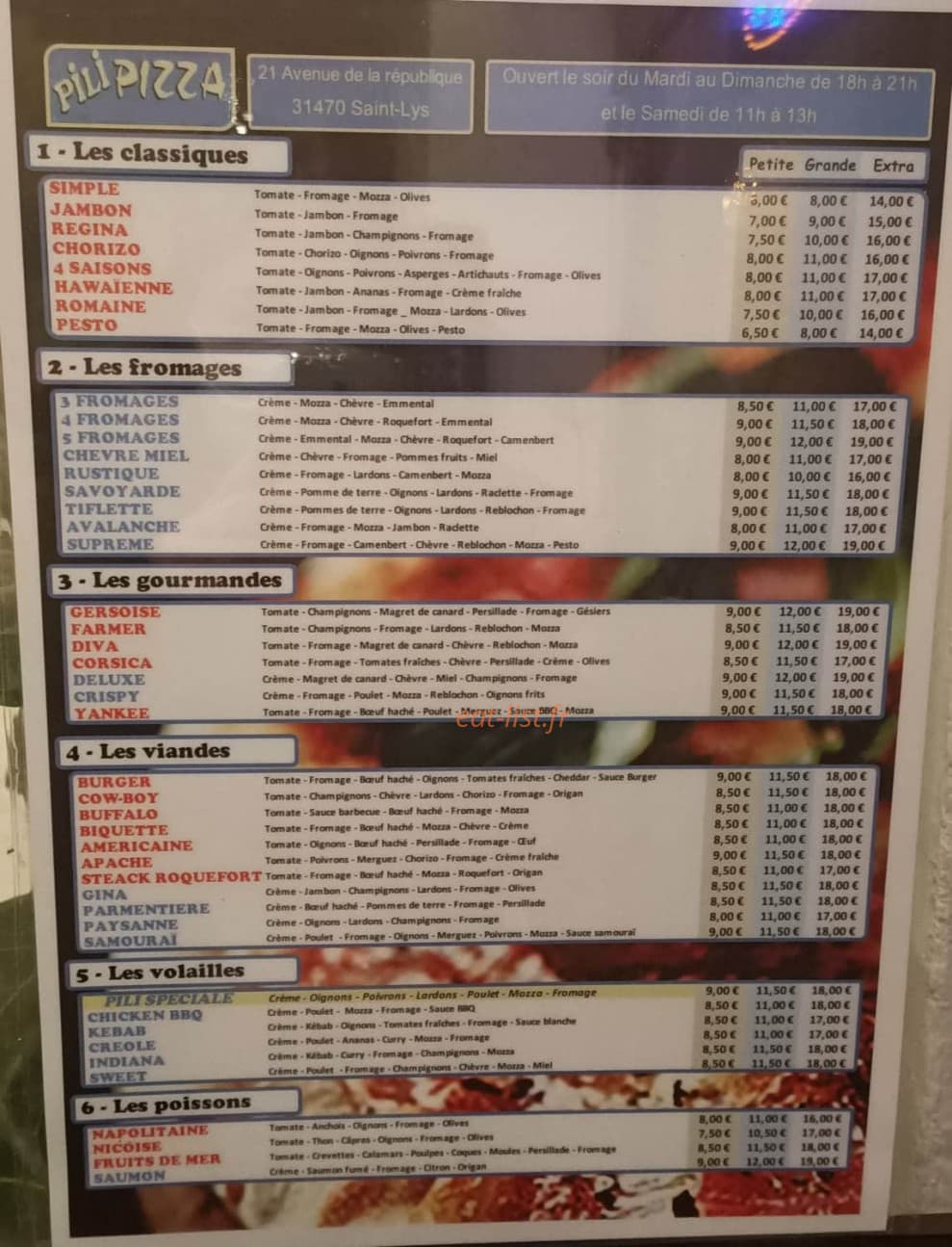 Pili Pizza — carte page 1
