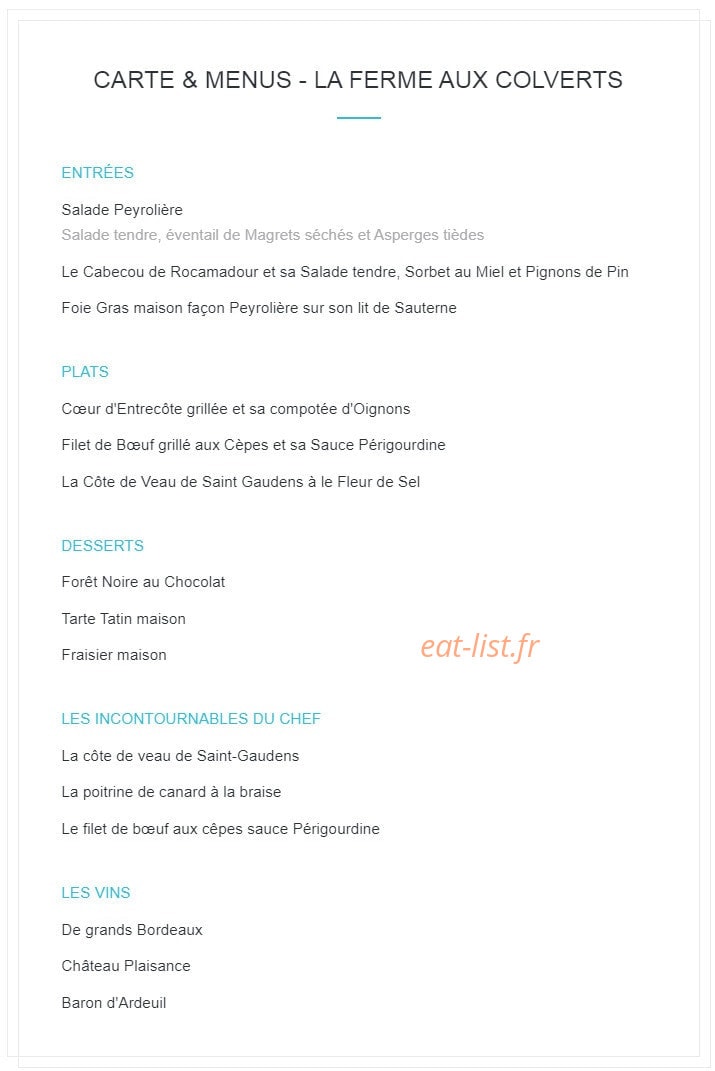 Carte et menu de La Ferme aux Colverts à Sainte Foy de Peyrolieres — La carte