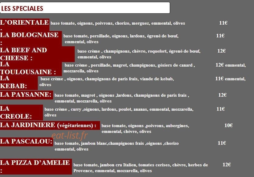 Carte et menu de Les pizzas d'amélie à Sainte Foy de Peyrolieres — les pizzas spéciales