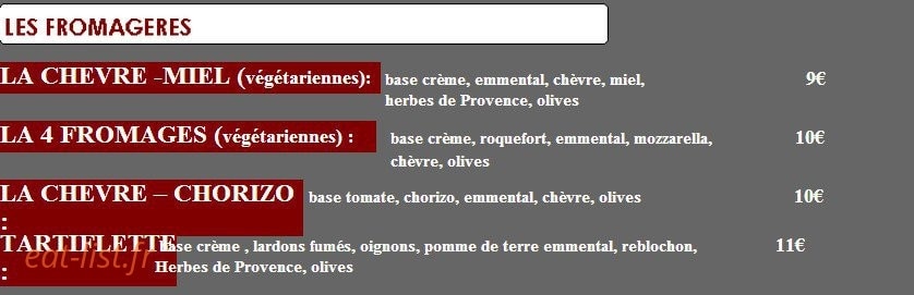 Carte et menu de Les pizzas d'amélie à Sainte Foy de Peyrolieres — les pizzas au fromages