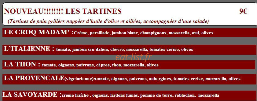 Carte et menu de Les pizzas d'amélie à Sainte Foy de Peyrolieres — les nouveaux tartines