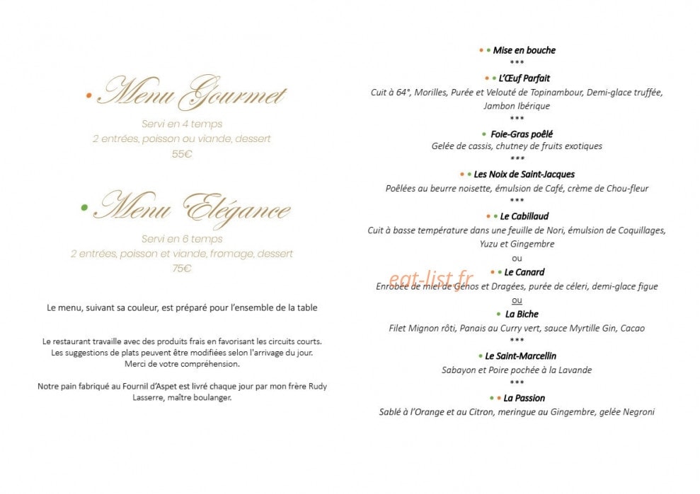 Carte et menu de Restaurant L'Hibiscus by Jeremy Lasserre à Sauveterre de Comminges — Menu élégance et menu gourmet
