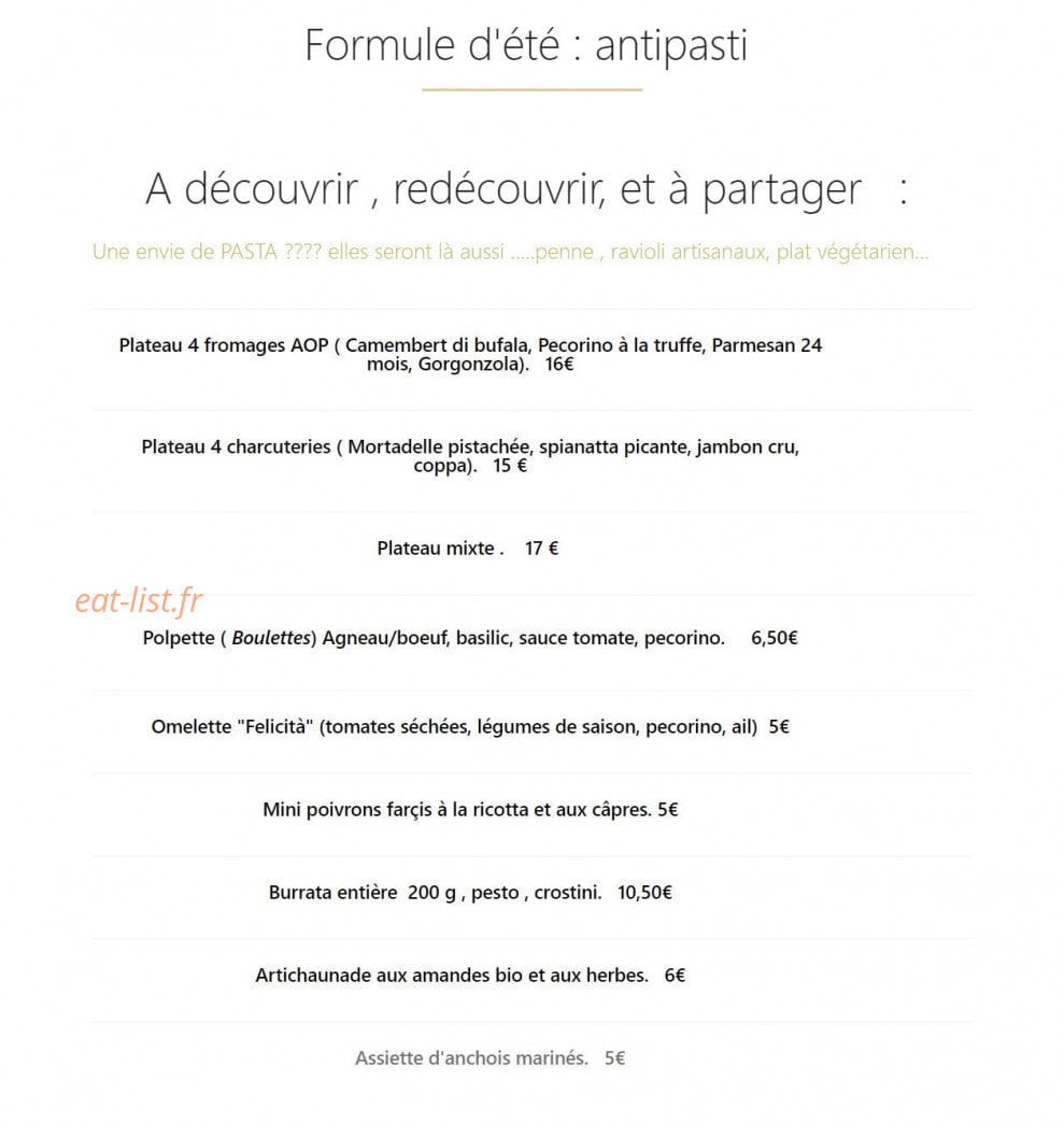 Carte et menu de La felicità trattoria à Ramonville Saint Agne — Formule d'été