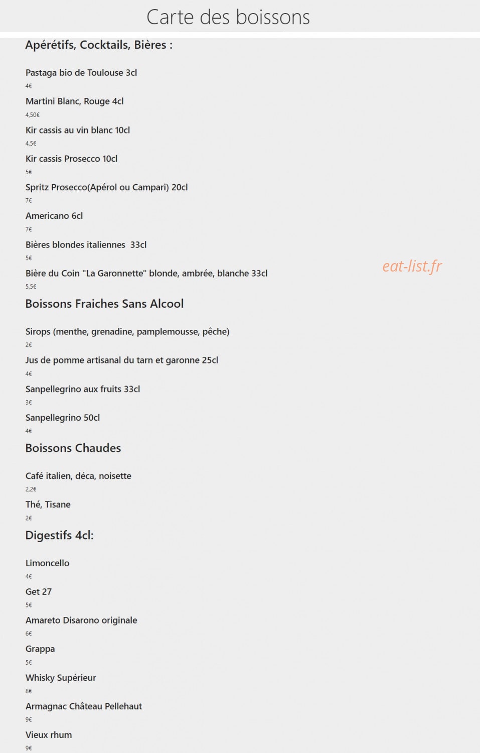 Carte et menu de La felicità trattoria à Ramonville Saint Agne — Les boissons