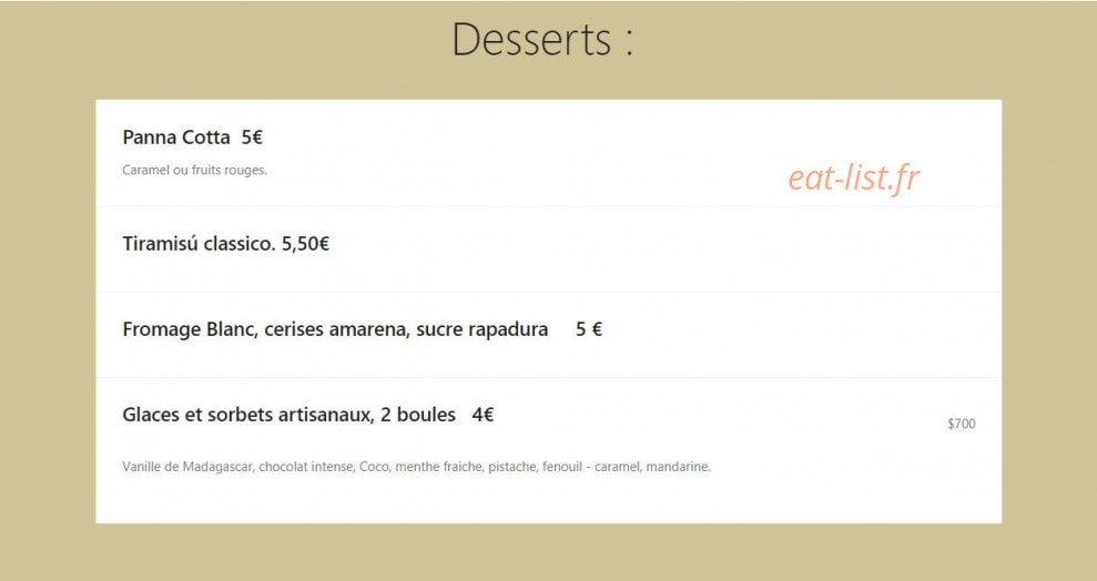 Carte et menu de La felicità trattoria à Ramonville Saint Agne — Les desserts