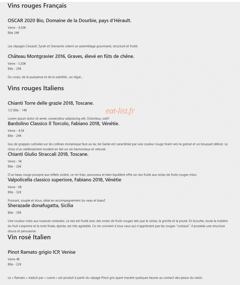 Carte et menu de La felicità trattoria à Ramonville Saint Agne — Les vins