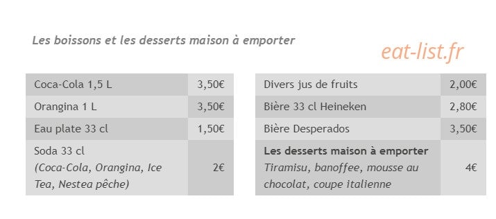 Carte et menu de Pizzeria Di Parma à Ramonville Saint Agne — les desserts, boissons