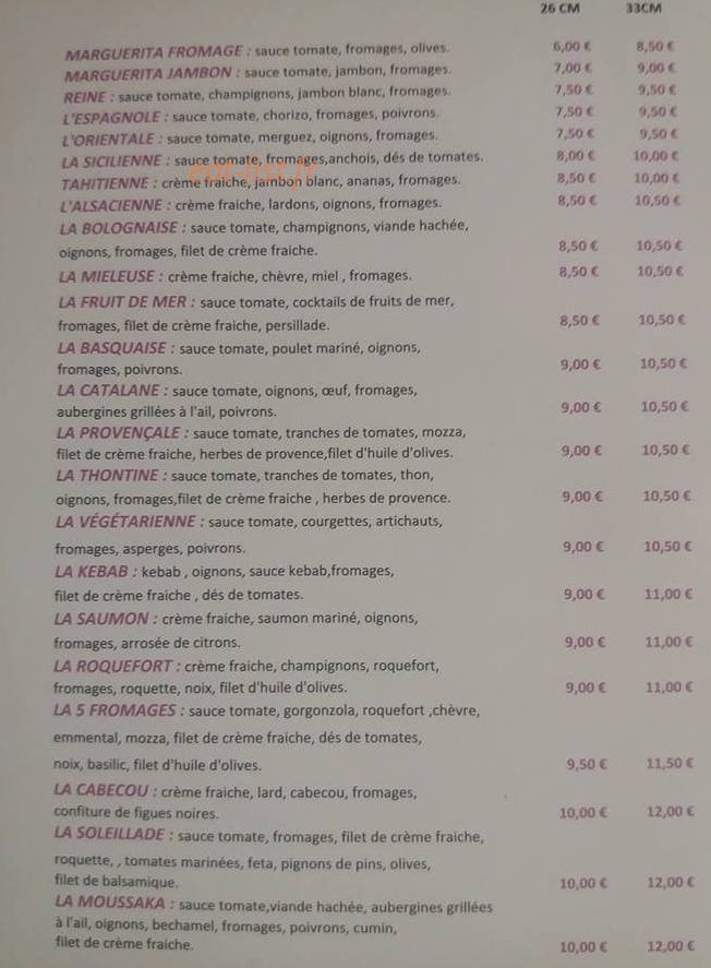 Pizza Bellevue — carte page 1
