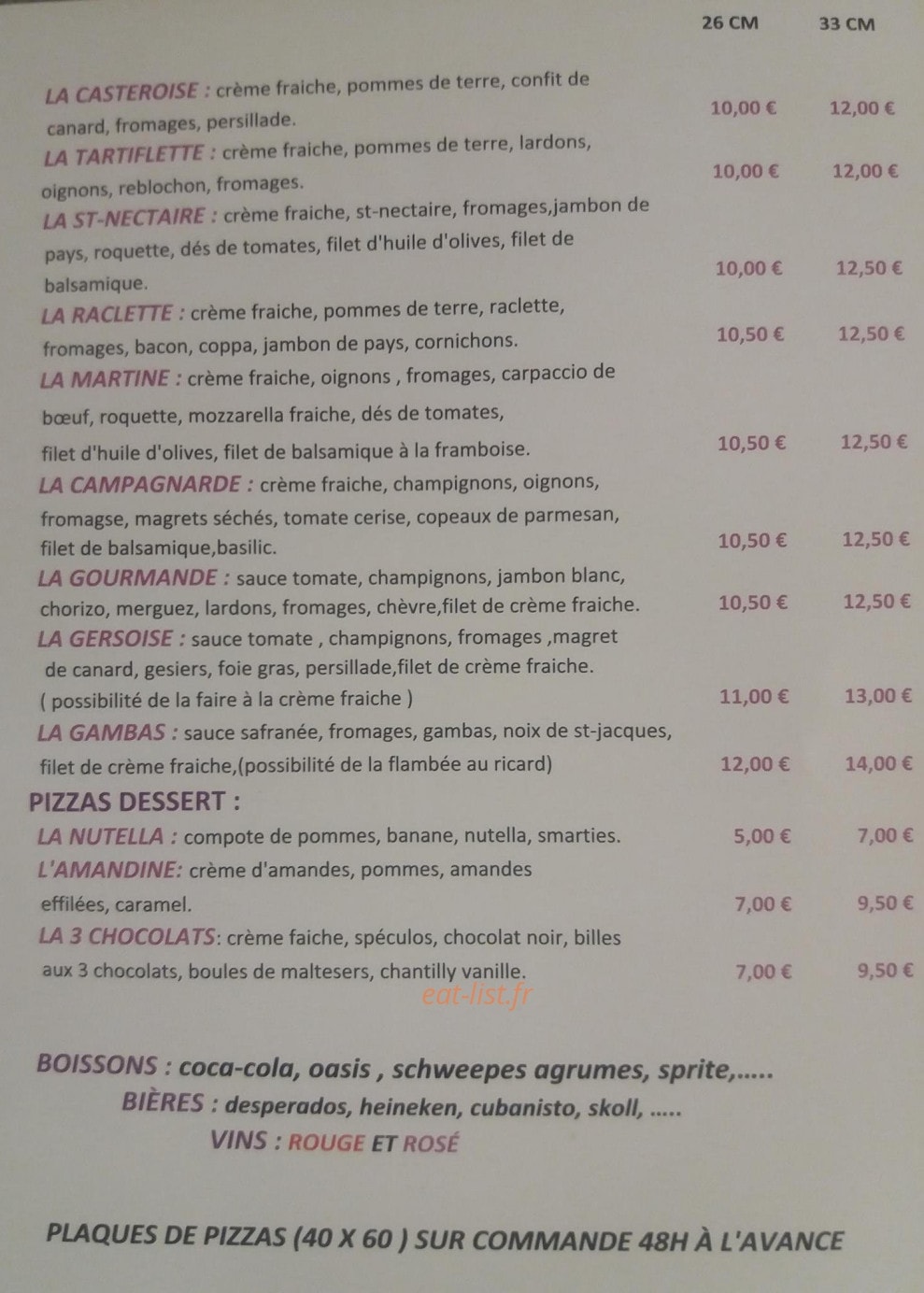 Pizza Bellevue — carte page 2