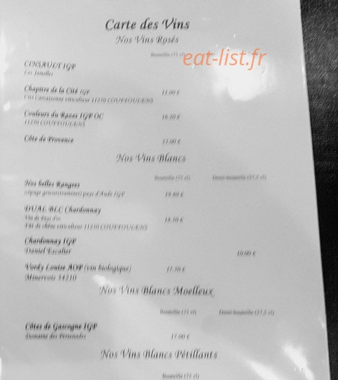 Carte et menu de Auberge Terre des Vents à Nailloux — Les vins rosés et blancs