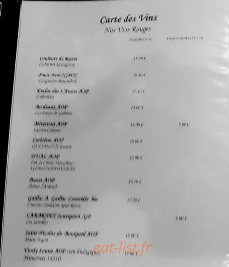 Carte et menu de Auberge Terre des Vents à Nailloux — Les vins rouges