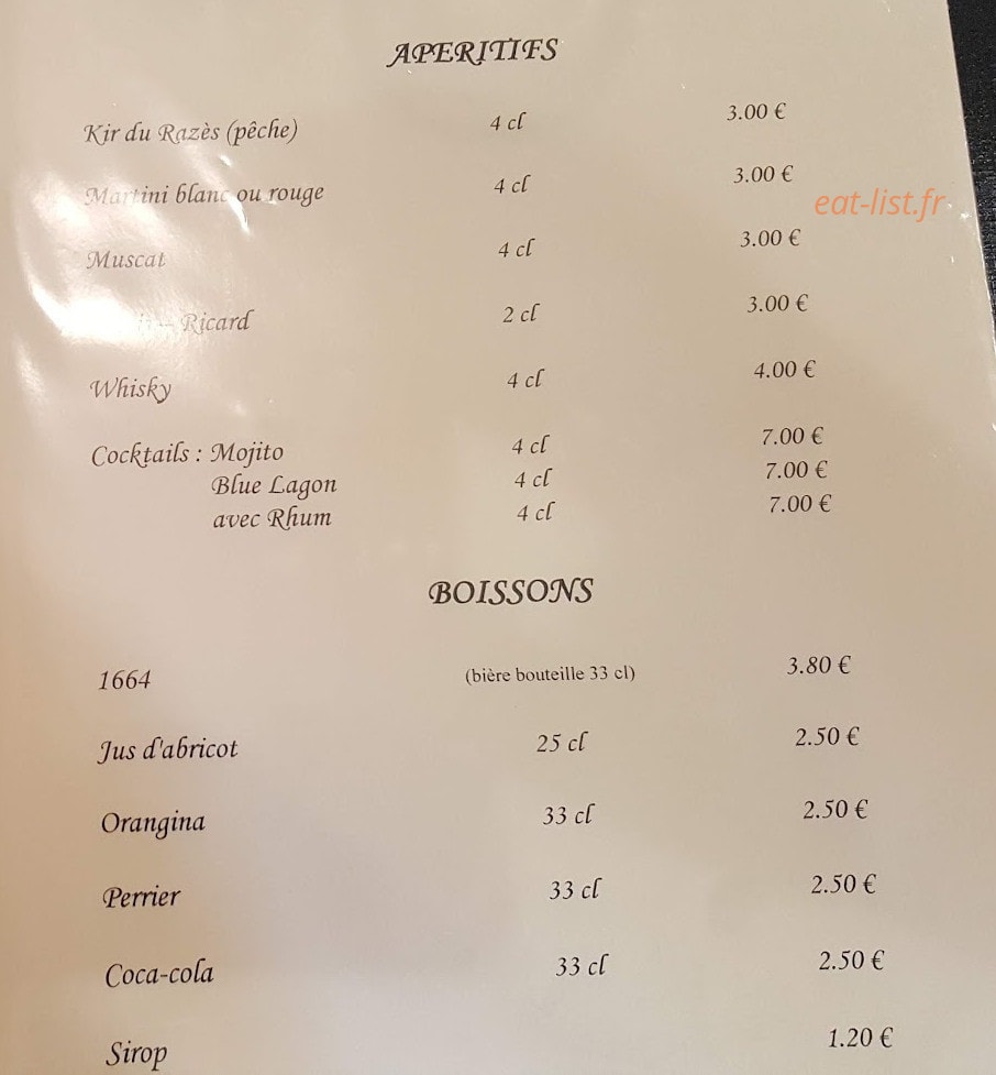 Carte et menu de Auberge Terre des Vents à Nailloux — Les apéritifs et boissons
