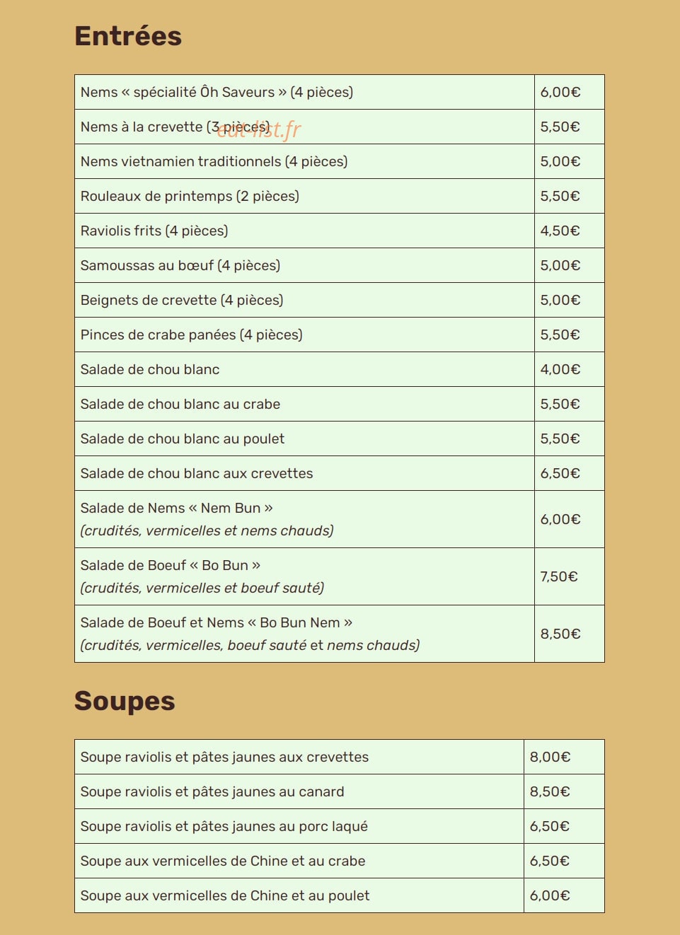 Carte et menu de Ôh Saveurs du Vietnam à Nailloux — Les entrées et soupes