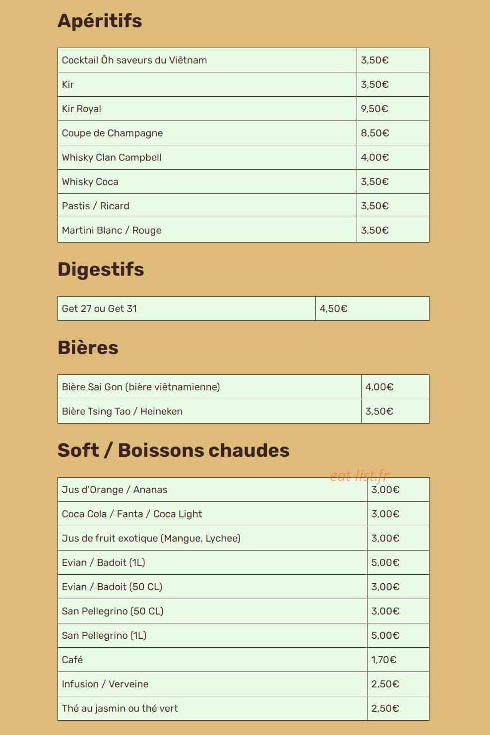 Carte et menu de Ôh Saveurs du Vietnam à Nailloux — Les apéritifs, digestifs, bières...