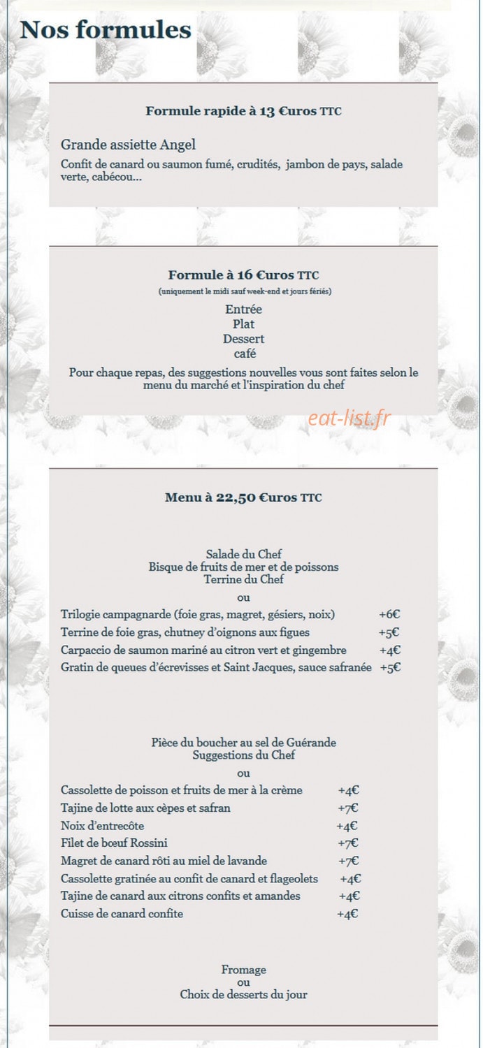 Angel Restaurant — carte page 1