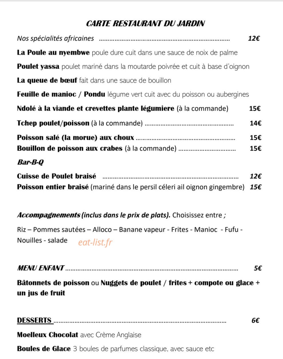Restaurant du Jardin — carte page 2