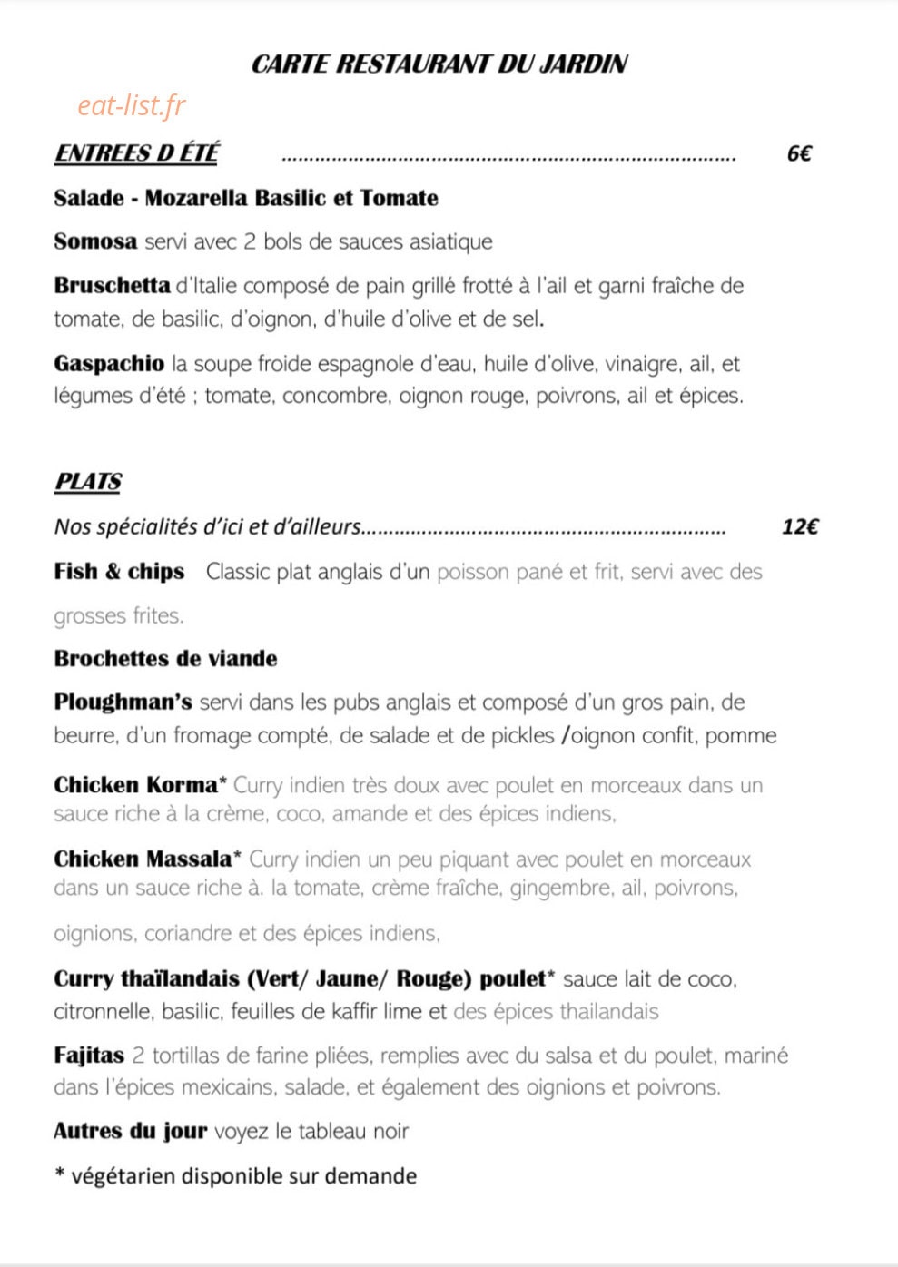 Restaurant du Jardin — carte page 1