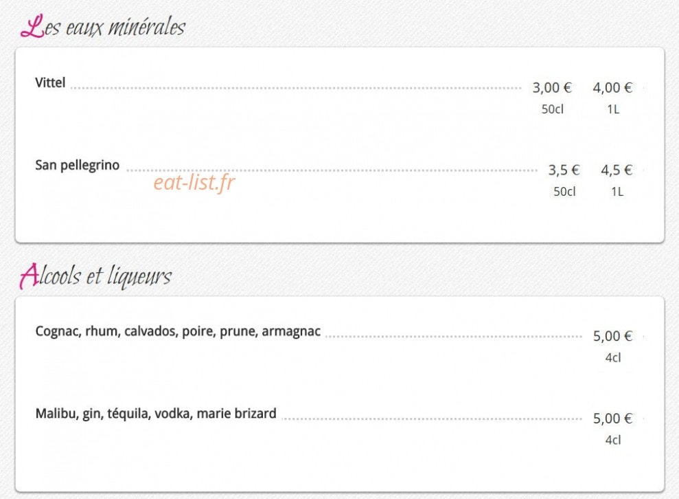 Carte et menu de chez Fanny crêperie des allees à Muret — Eaux, alcools et liqueurs