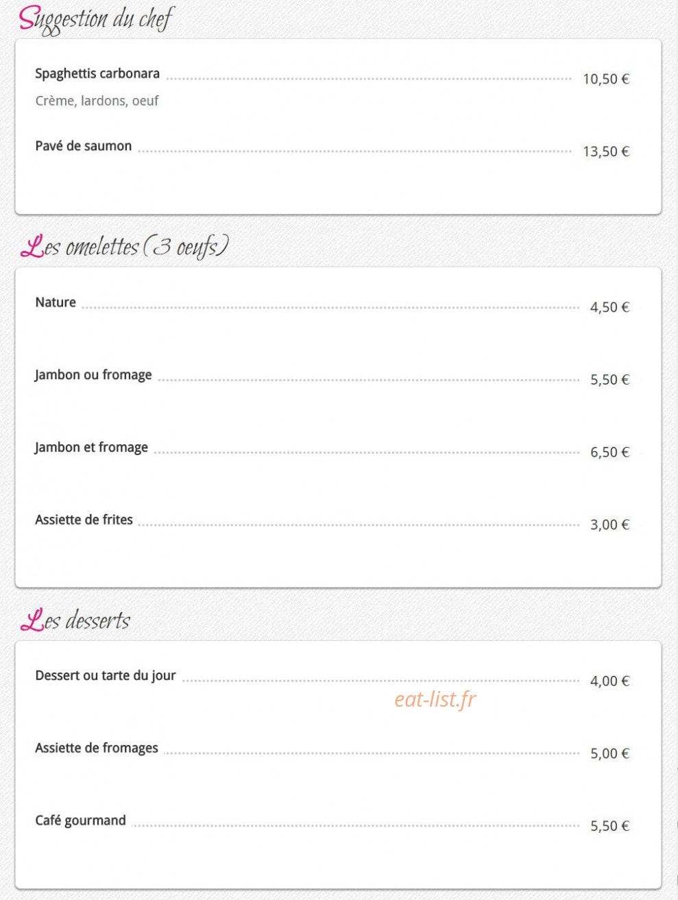 Carte et menu de chez Fanny crêperie des allees à Muret — Suggestions du chef, omelettes et desserts