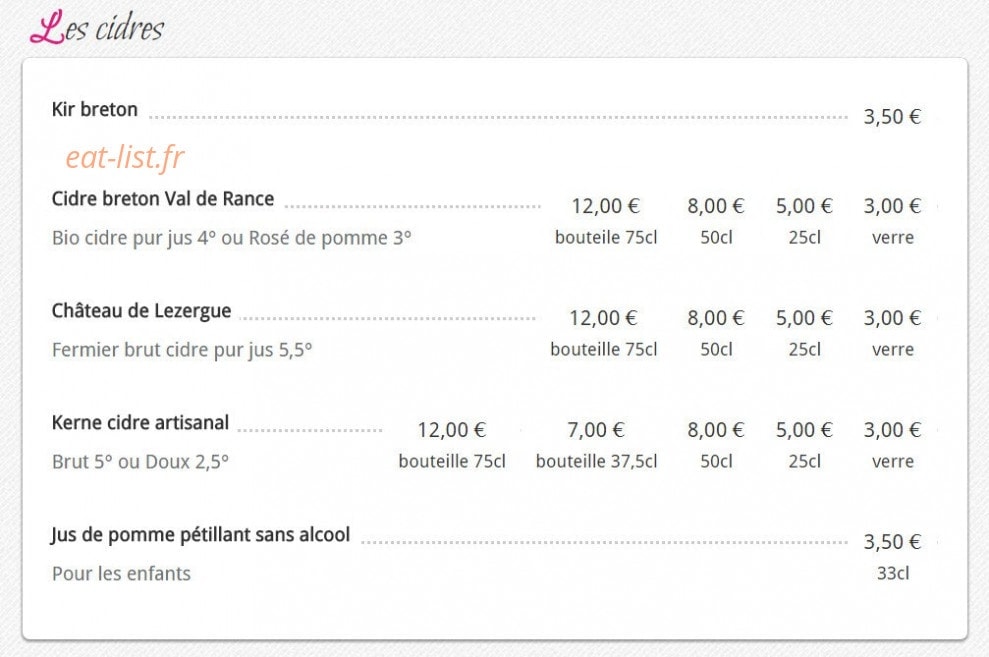Carte et menu de chez Fanny crêperie des allees à Muret — Les cidres