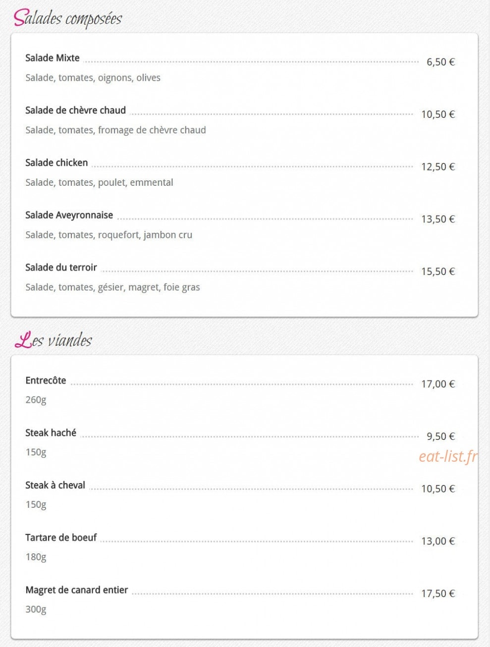 Carte et menu de chez Fanny crêperie des allees à Muret — Salades et viandes