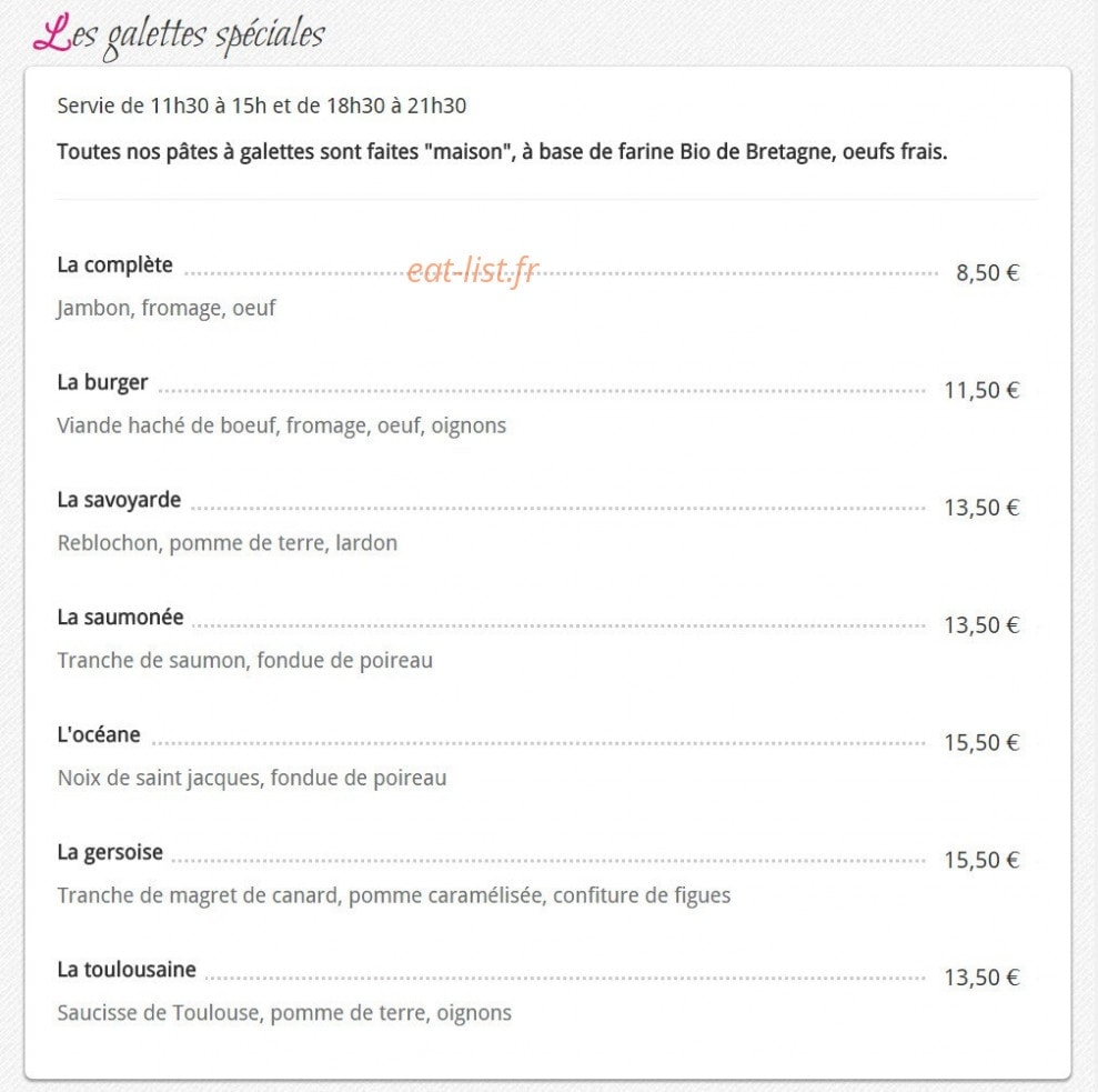 Carte et menu de chez Fanny crêperie des allees à Muret — Les galettes spéciales