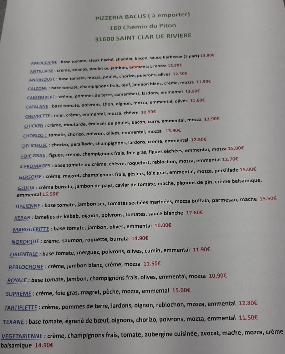 Pizzeria Bacus — carte page 1