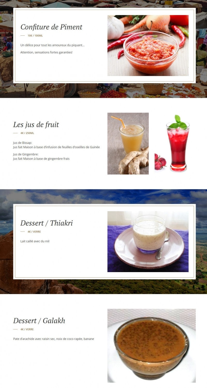 Carte et menu de Les délices de Fama à Castelnau d'Estretefonds — La confiture de piment, jus de fruits et desserts