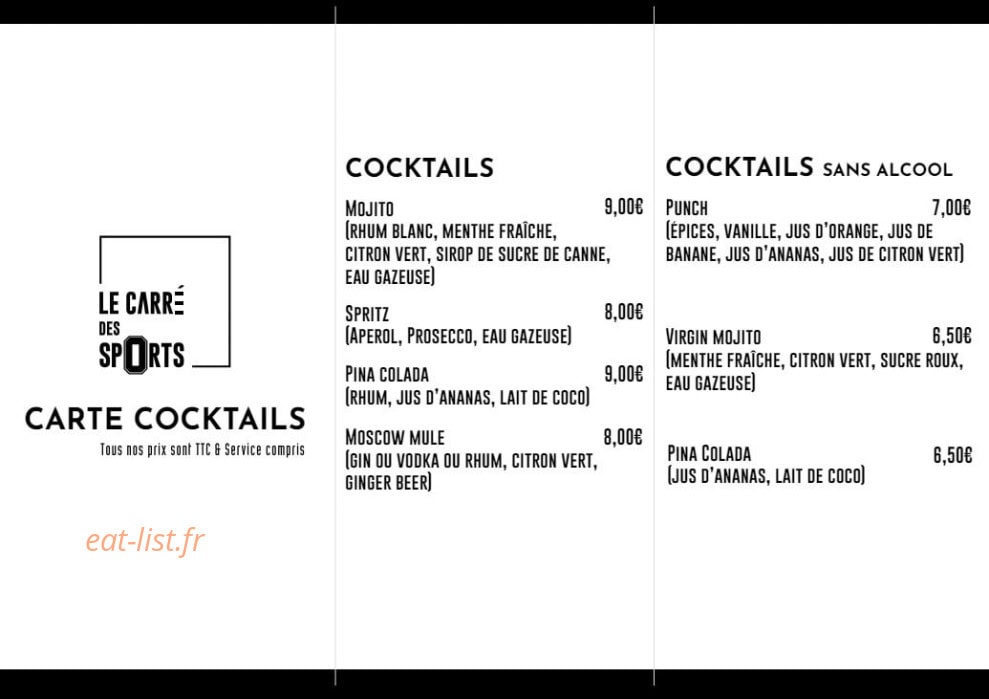 Carte et menu de Le Carré des Sports à Beauzelle — Les cocktails