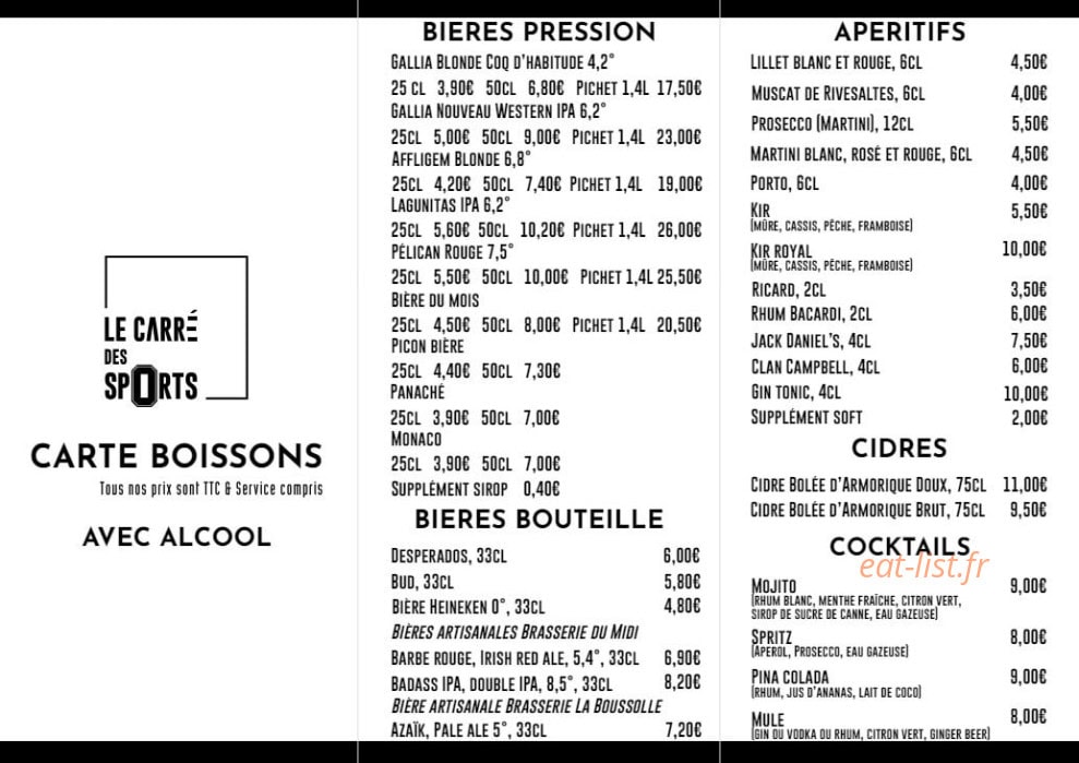 Carte et menu de Le Carré des Sports à Beauzelle — Les boissons avec alcools