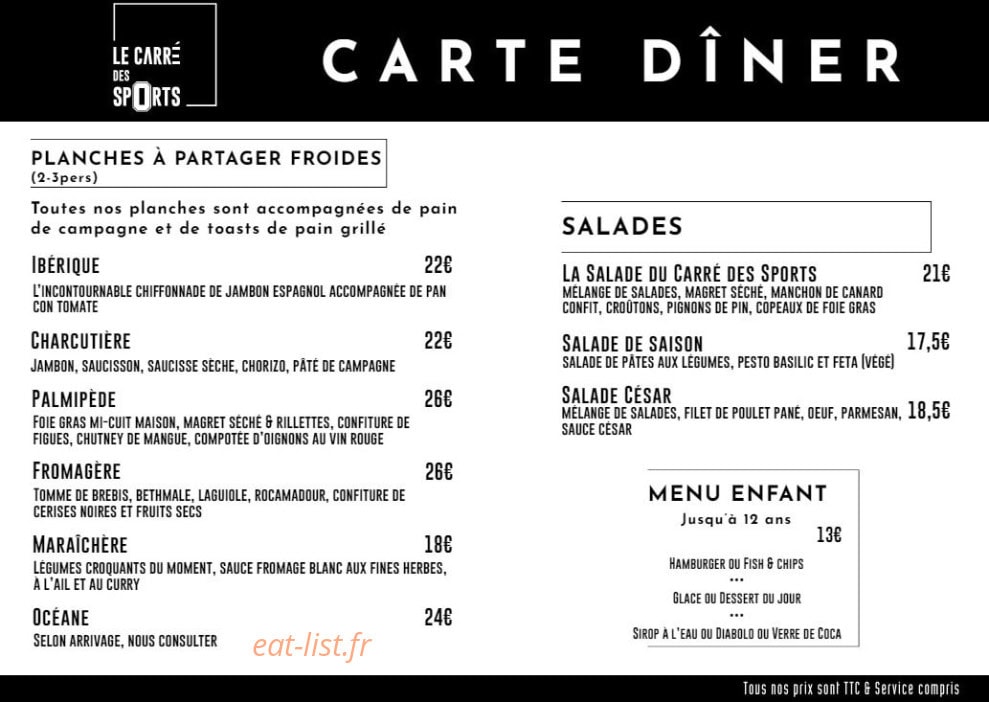 Carte et menu de Le Carré des Sports à Beauzelle — La carte dîner