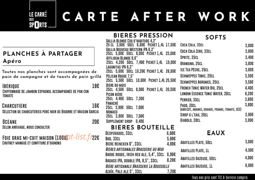 Carte et menu de Le Carré des Sports à Beauzelle — La carte after work