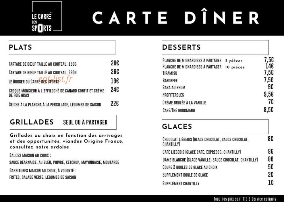 Carte et menu de Le Carré des Sports à Beauzelle — La carte dîner suite
