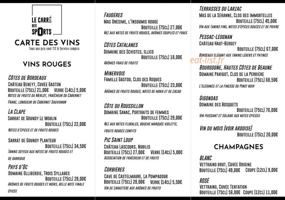 Carte et menu de Le Carré des Sports à Beauzelle — Les vins suite