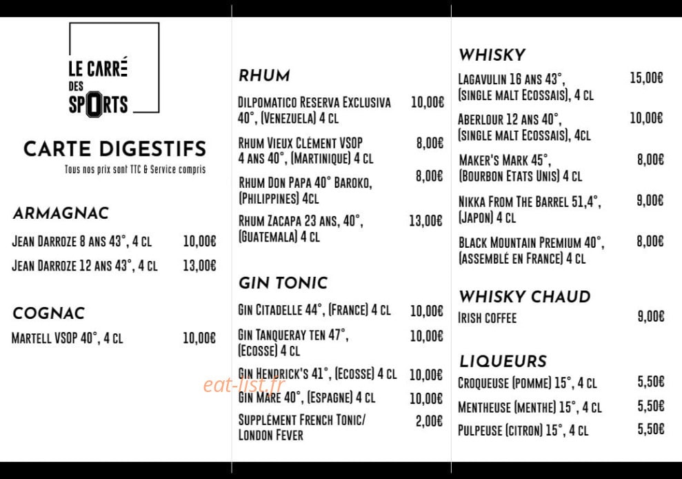 Carte et menu de Le Carré des Sports à Beauzelle — Les digestifs