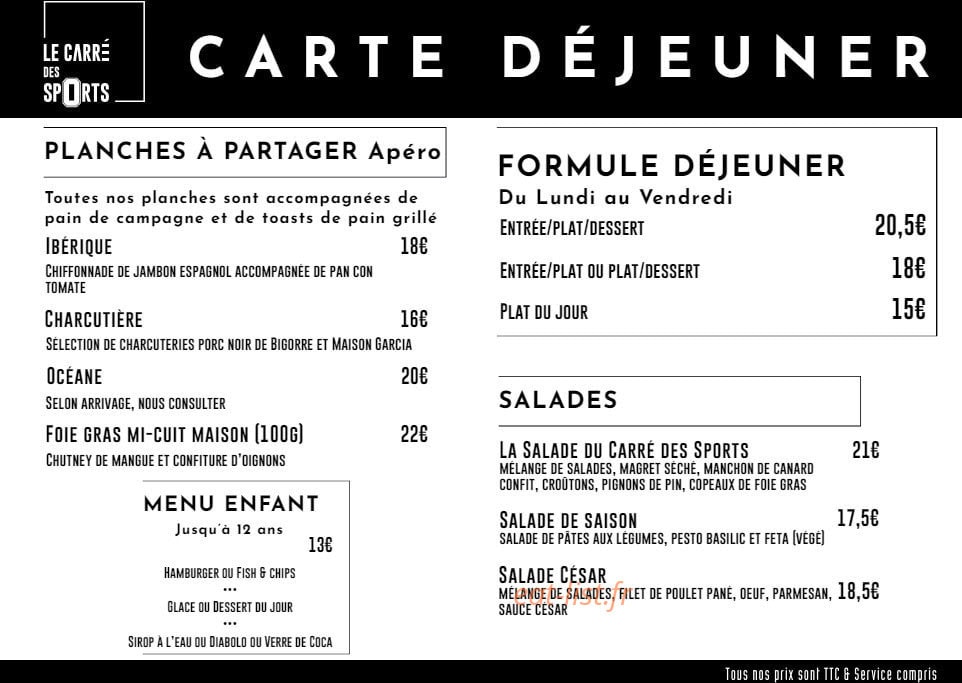 Carte et menu de Le Carré des Sports à Beauzelle — La carte déjeuner