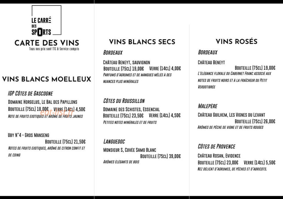 Carte et menu de Le Carré des Sports à Beauzelle — Les vins