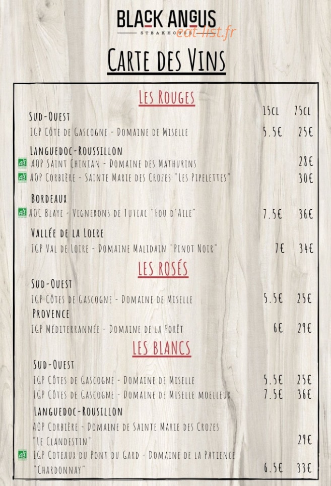 Carte et menu de Black Angus Steak House à Blagnac — Carte des vins