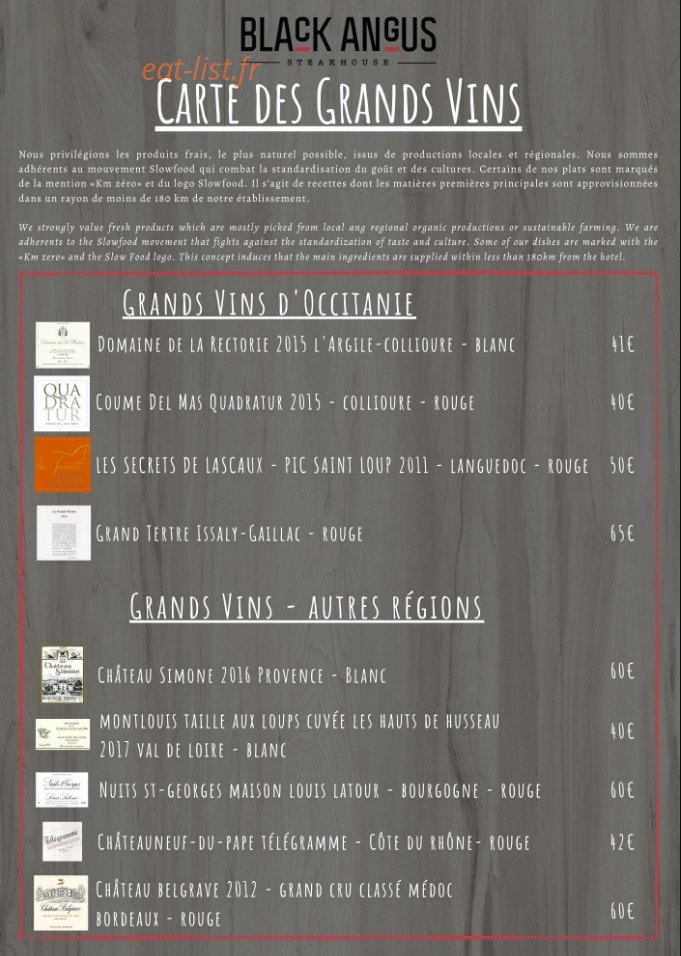 Carte et menu de Black Angus Steak House à Blagnac — Carte des grands vins
