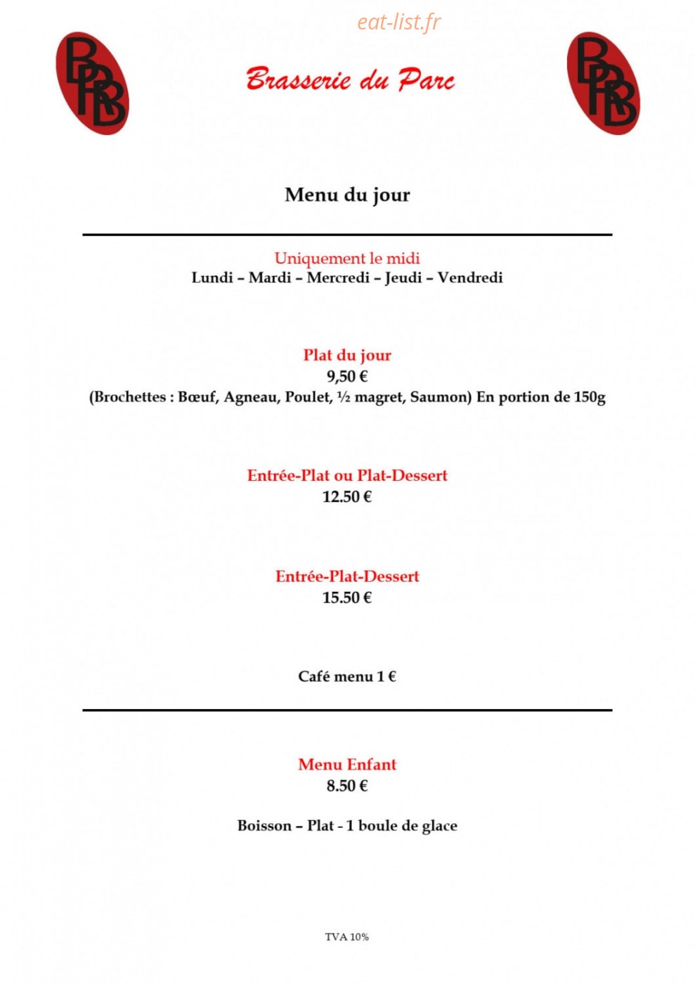 Brasserie du parc — carte page 1