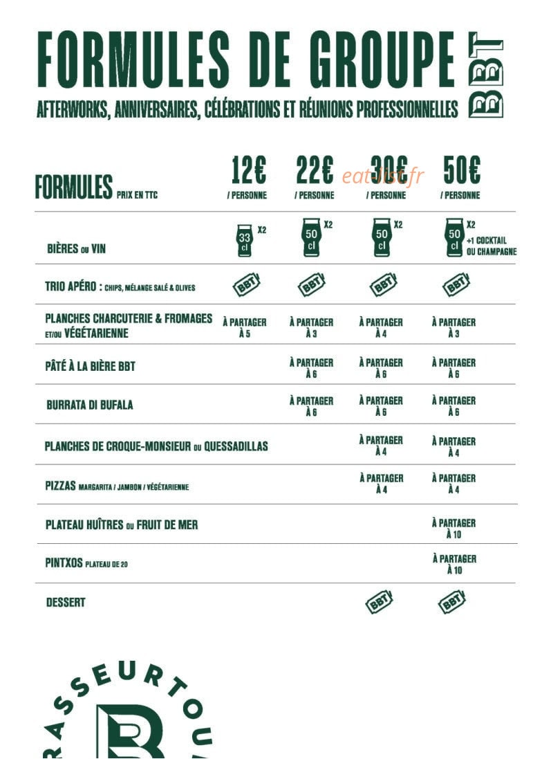Carte et menu de BBT Brasseur Toulousain à Cornebarrieu — Les formules de groupe