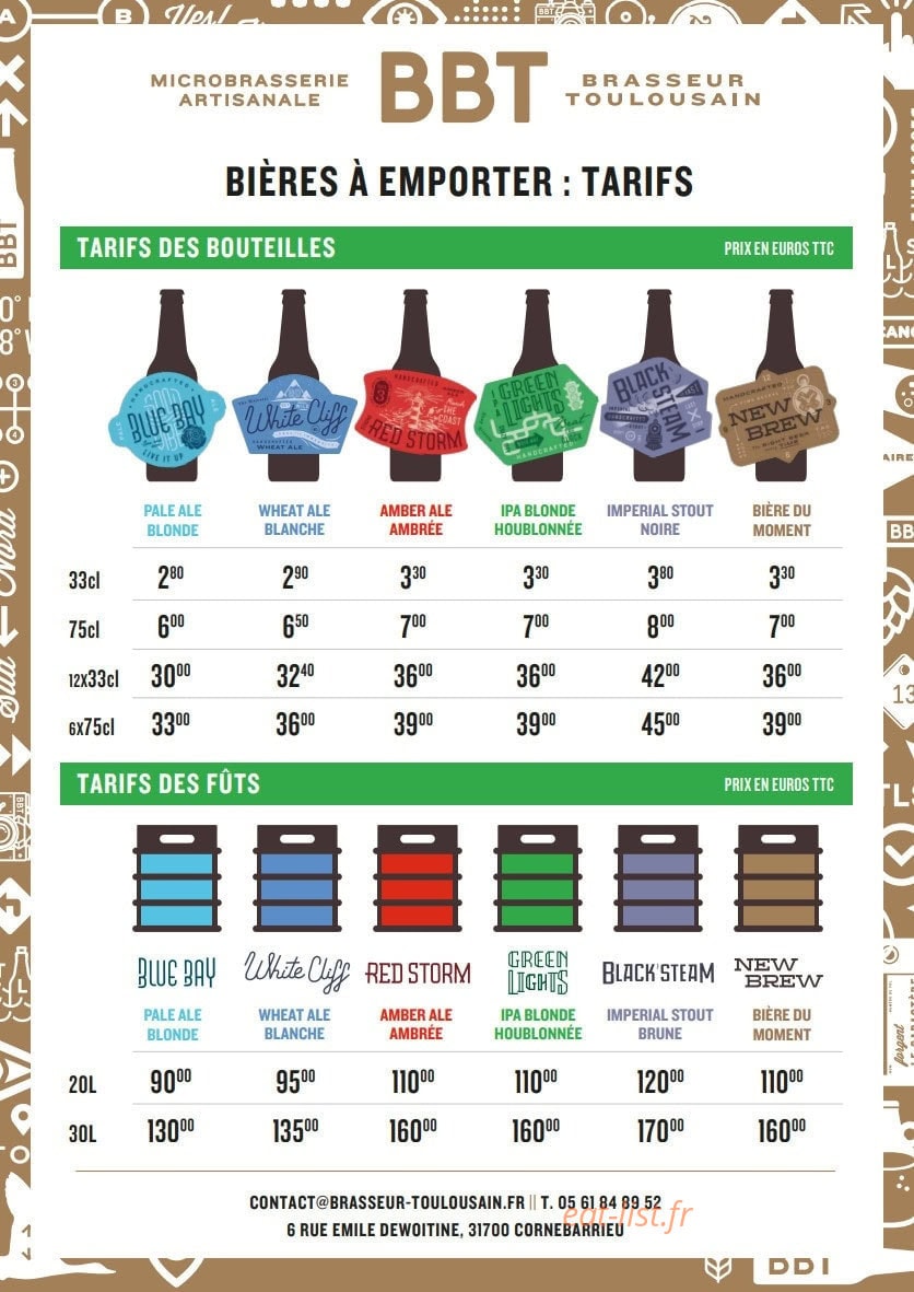 Carte et menu de BBT Brasseur Toulousain à Cornebarrieu — Les bières à emporter