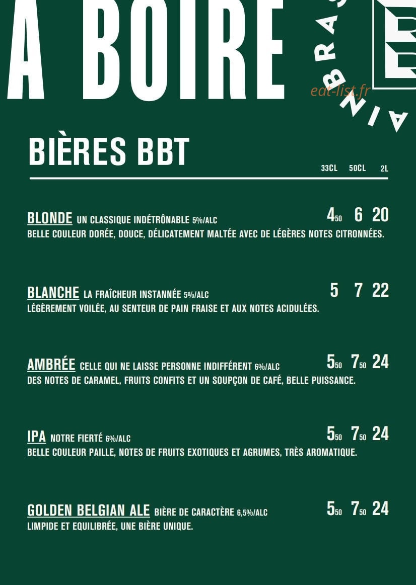 Carte et menu de BBT Brasseur Toulousain à Cornebarrieu — Les bières bbt