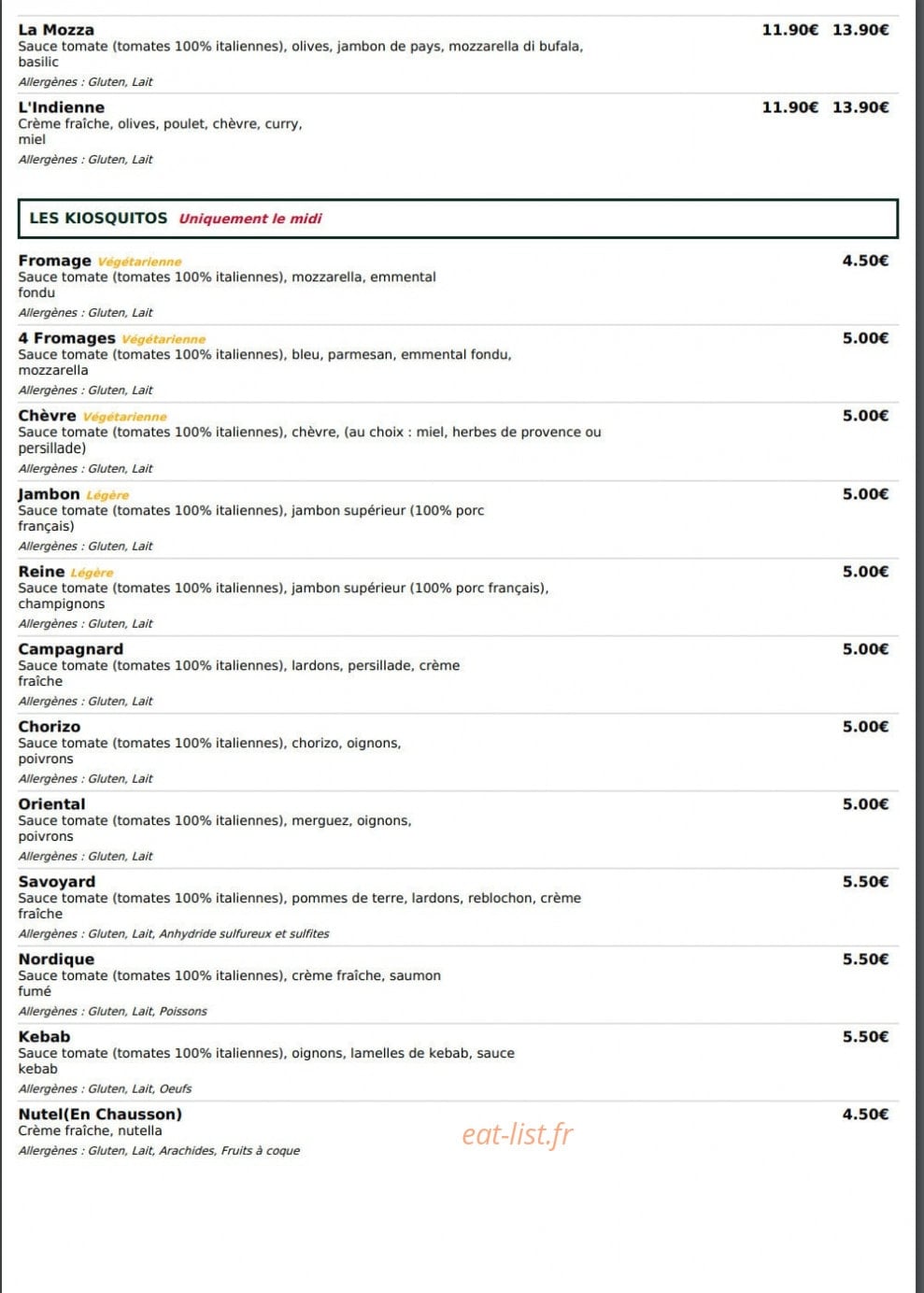 Le Kiosque à Pizzas — carte page 4