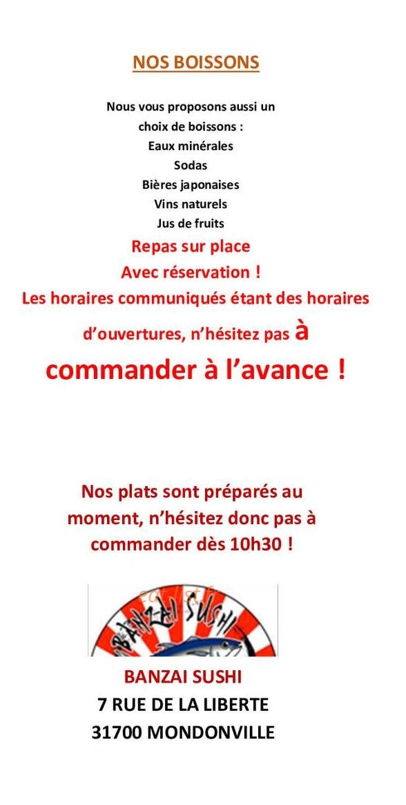 Carte et menu de Banzaï Sushi à Mondonville — Les boissons