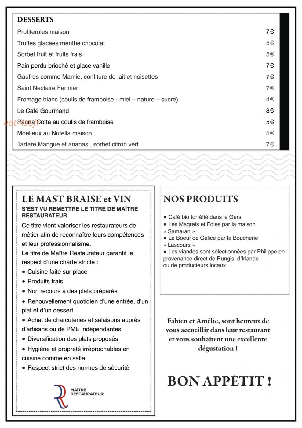 Carte et menu de Mast braise et vin à Escalquens — les desserts