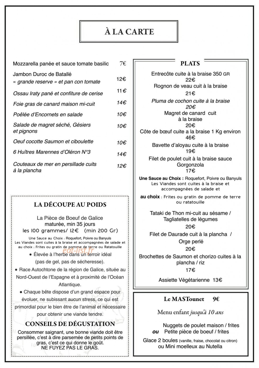 Carte et menu de Mast braise et vin à Escalquens — A la carte