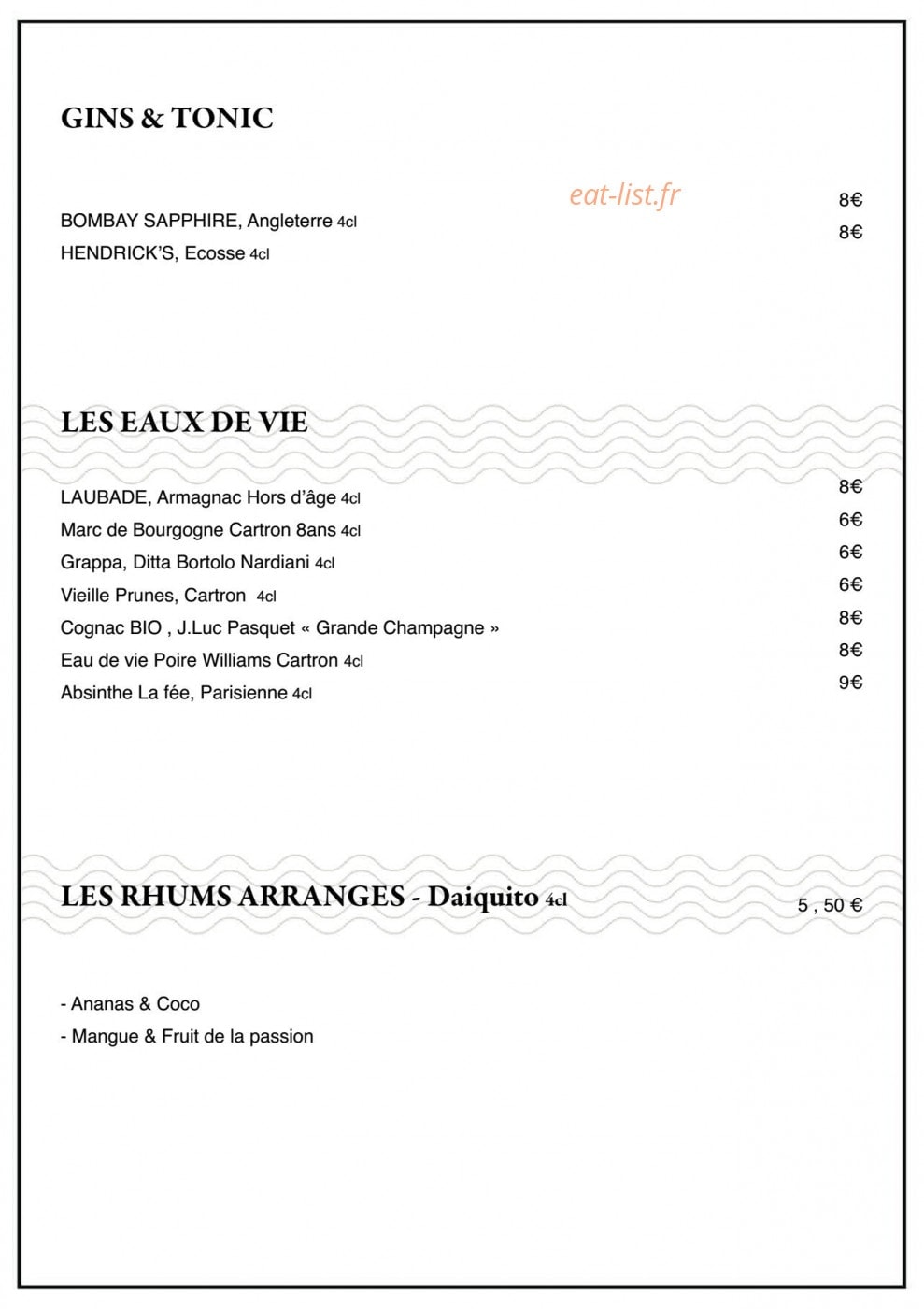 Carte et menu de Mast braise et vin à Escalquens — les eaux de vie et rhums