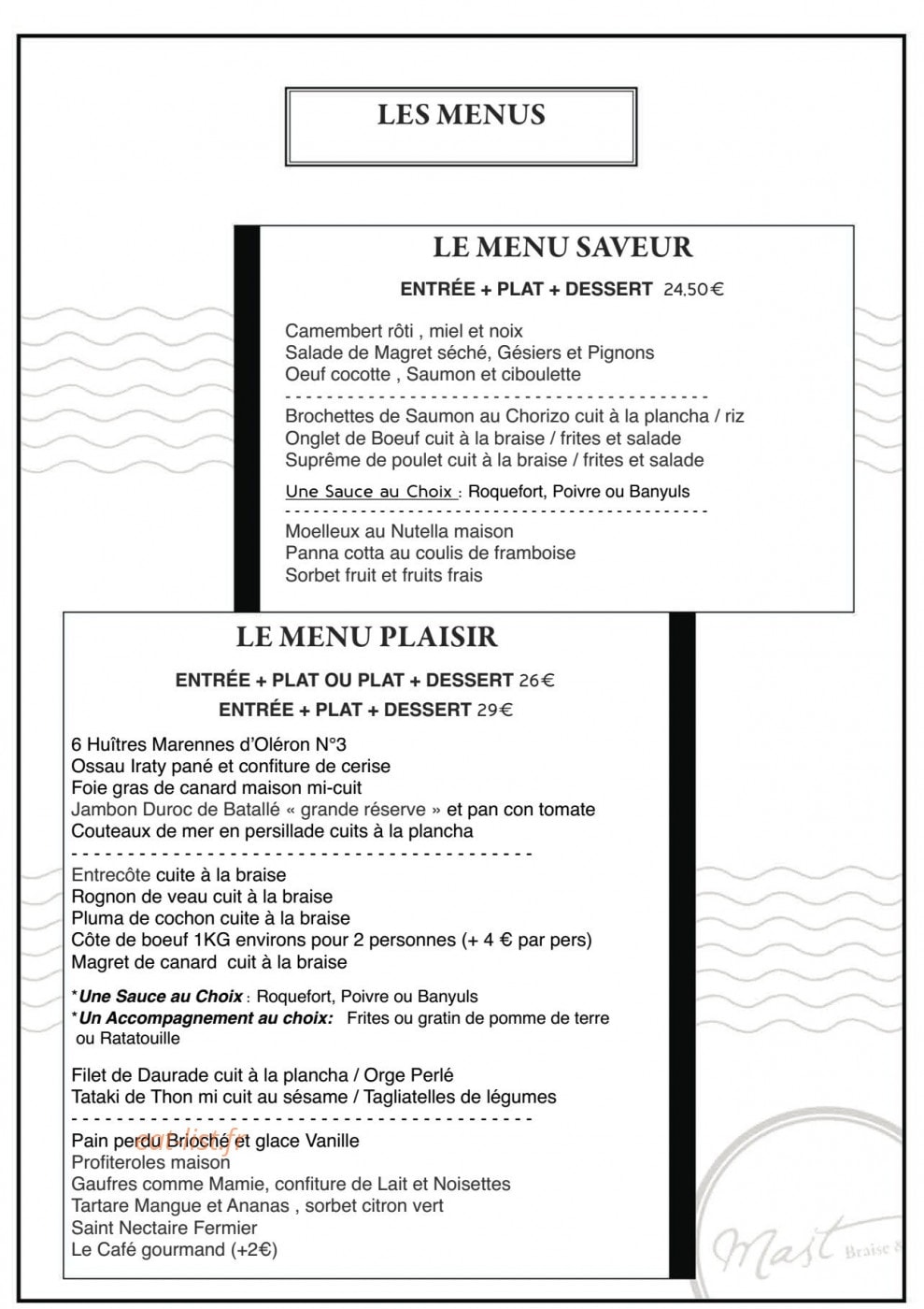 Carte et menu de Mast braise et vin à Escalquens — Les menus